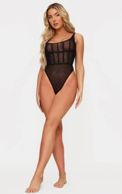 Black Mesh Glitter Corset Lingerie Bodysuit
