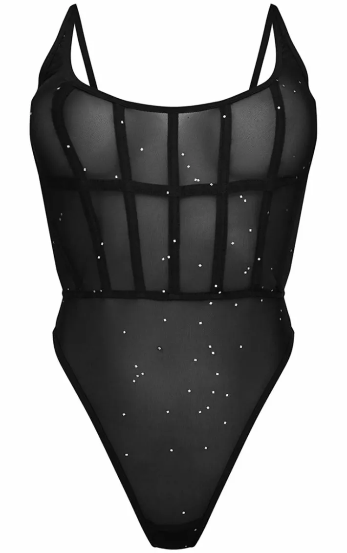 Black Mesh Glitter Corset Lingerie Bodysuit