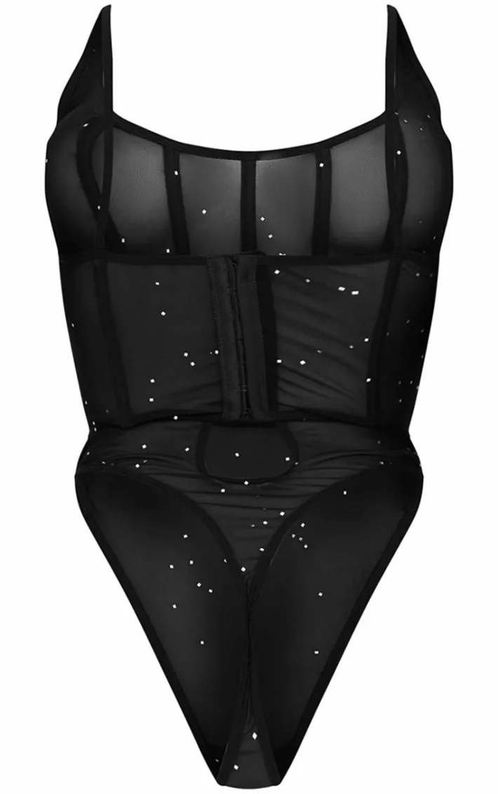 Black Mesh Glitter Corset Lingerie Bodysuit