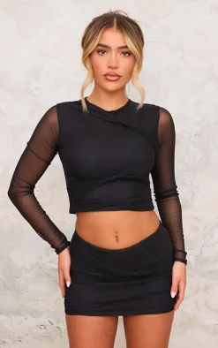Discount PrettyLittleThing Mesh Knot Detail Micro Mini Skirt Black