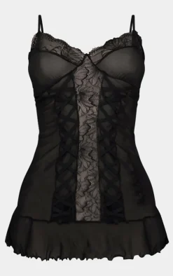 Black Mesh Lace Up Babydoll