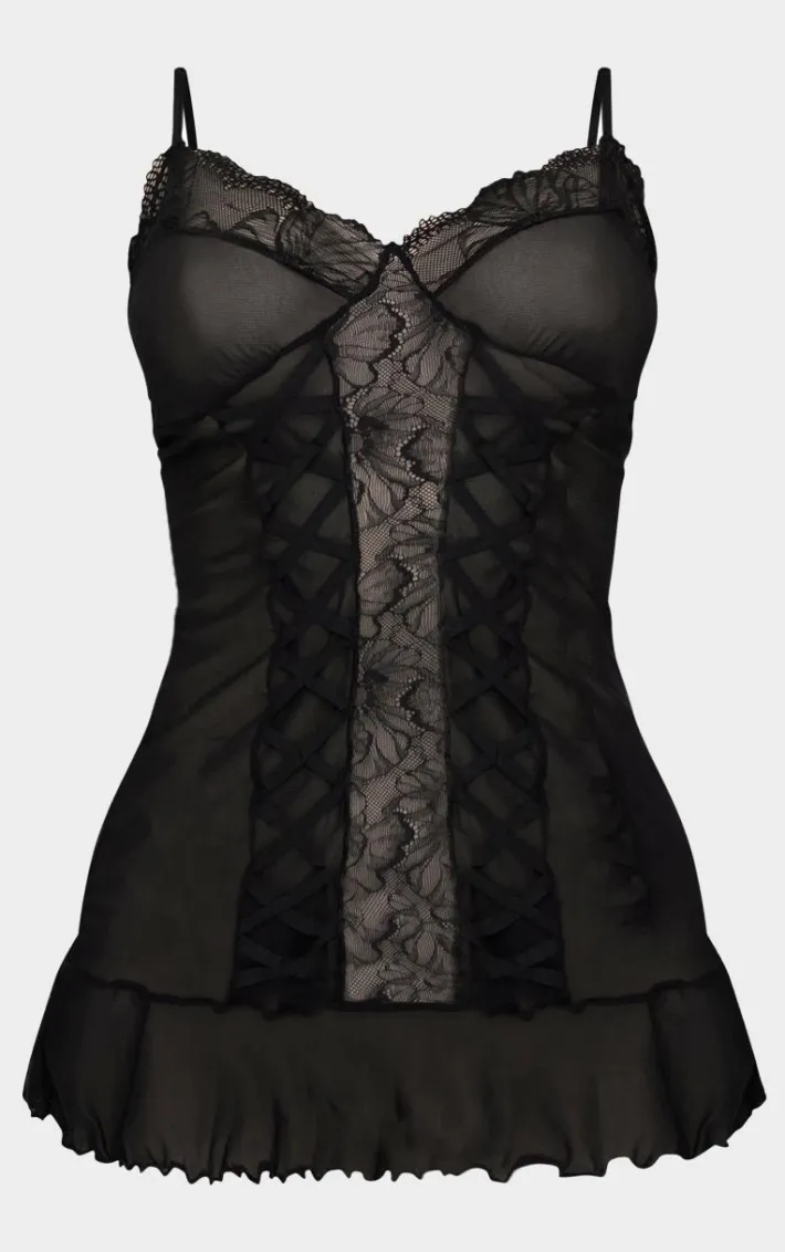 Black Mesh Lace Up Babydoll