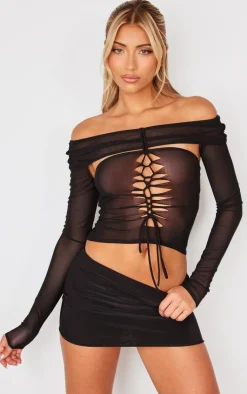 Mesh Lace Up Long Top-PrettyLittleThing Clearance