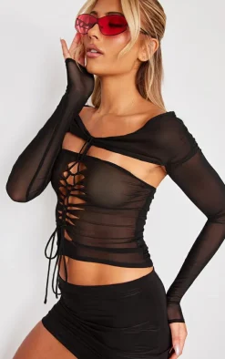Mesh Lace Up Long Top-PrettyLittleThing Clearance