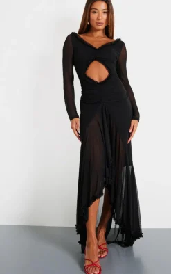 Mesh Long Sleeve Frill Detail Cut Out Maxi Dress-PrettyLittleThing Best