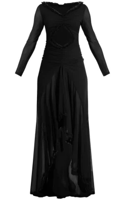 Mesh Long Sleeve Frill Detail Cut Out Maxi Dress-PrettyLittleThing Best