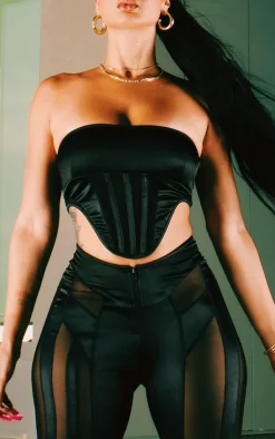Online PrettyLittleThing Mesh Panel Cropped Corset Bandeau Top Black