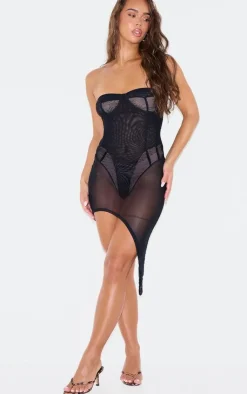 Mesh Panelled Asymmetric Bandeau Bodycon Dress-PrettyLittleThing Outlet