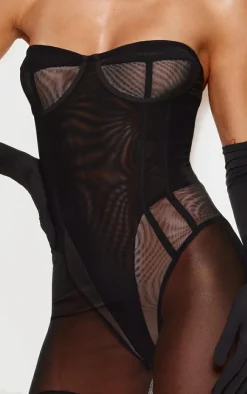 Mesh Panelled Asymmetric Bandeau Bodycon Dress-PrettyLittleThing Outlet