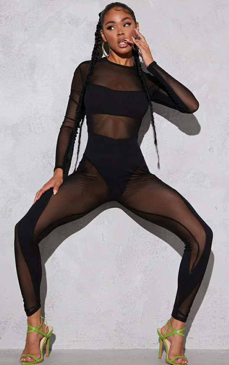 Mesh Panelled Long Sleeve Jumpsuit-PrettyLittleThing Online