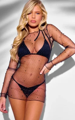 Black Mesh Pearl Detail Beach Dress