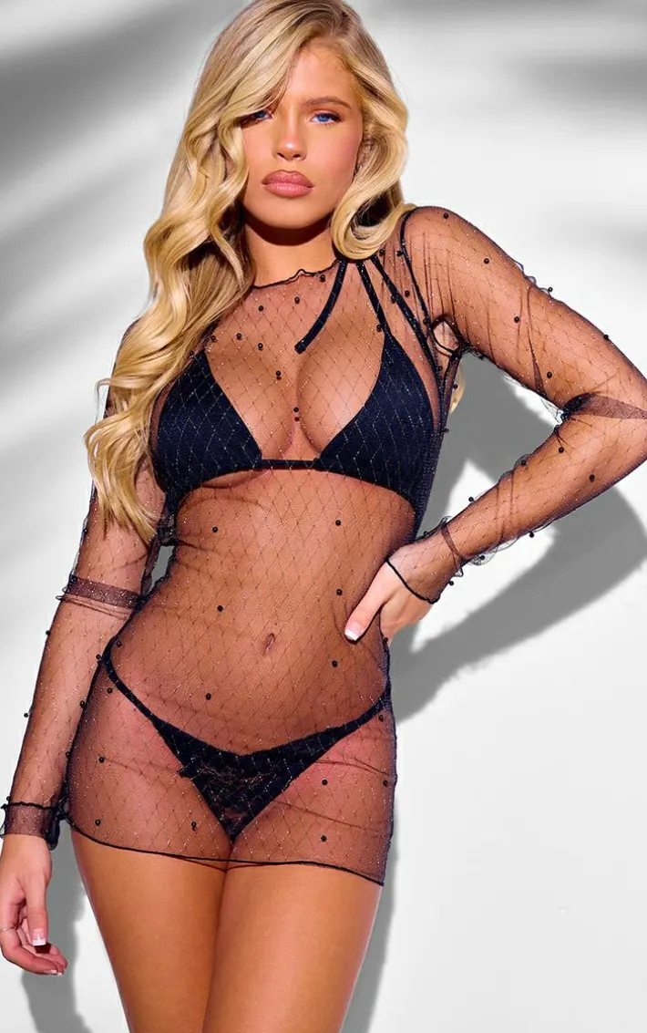Black Mesh Pearl Detail Beach Dress