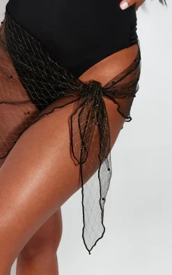 Black Mesh Pearl Detail Lurex Beach Sarong