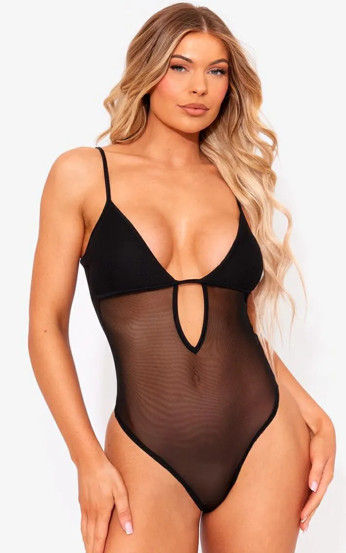 Black Mesh Plunge Bodysuit