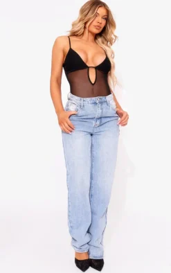 Black Mesh Plunge Bodysuit