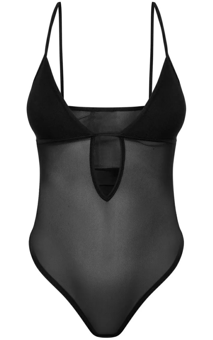 Black Mesh Plunge Bodysuit