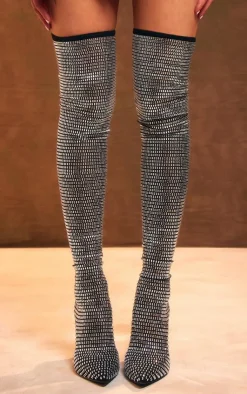 PrettyLittleThing High Heels*Mesh Point Toe Diamante Over The Knee High Heeled Boots