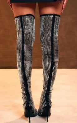 PrettyLittleThing High Heels*Mesh Point Toe Diamante Over The Knee High Heeled Boots