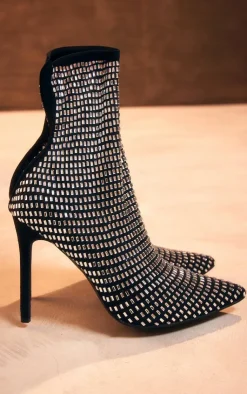 PrettyLittleThing High Heels*Mesh Point Toe Diamante High Heeled Sock Ankle Boots