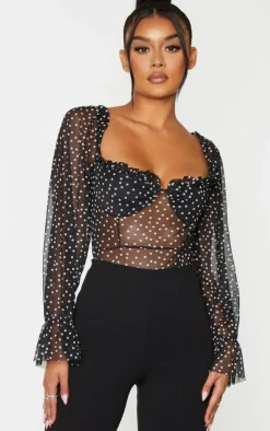 Mesh Polka Dot Milkmaid Bodysuit-PrettyLittleThing New