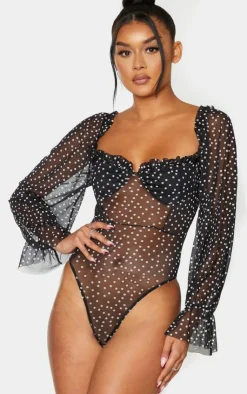 Mesh Polka Dot Milkmaid Bodysuit-PrettyLittleThing New