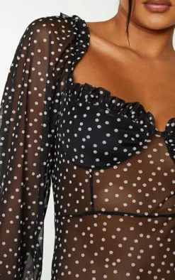 Mesh Polka Dot Milkmaid Bodysuit-PrettyLittleThing New