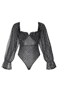 Mesh Polka Dot Milkmaid Bodysuit-PrettyLittleThing New
