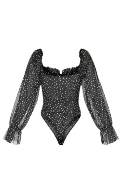 Mesh Polka Dot Milkmaid Bodysuit-PrettyLittleThing New