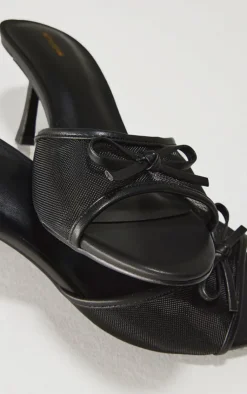 PrettyLittleThing Mules*Mesh Round Toe Bow Strap Mid Heeled Mules