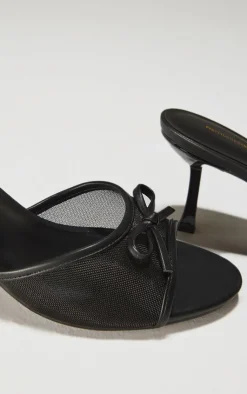 PrettyLittleThing Mules*Mesh Round Toe Bow Strap Mid Heeled Mules