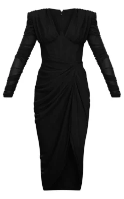 Mesh Ruched Long Sleeve Draped Midi Dress-PrettyLittleThing Best