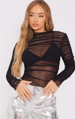 Mesh Ruched Long Sleeve Bodysuit-PrettyLittleThing