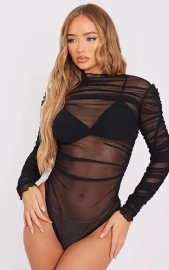 Mesh Ruched Long Sleeve Bodysuit-PrettyLittleThing