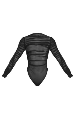 Mesh Ruched Long Sleeve Bodysuit-PrettyLittleThing