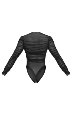 Mesh Ruched Long Sleeve Bodysuit-PrettyLittleThing