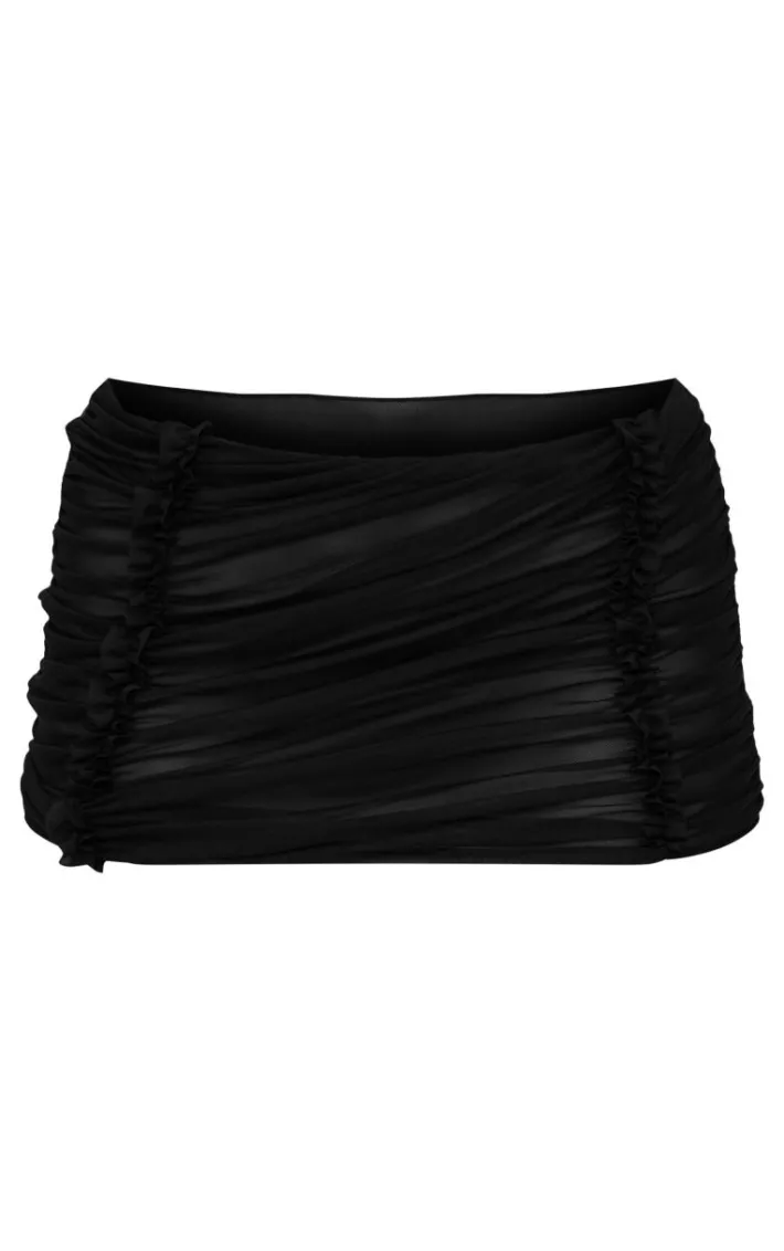 Black Mesh Ruched Mini Beach Skirt