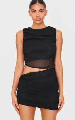PrettyLittleThing Mesh Ruched Trim Detail Crop Top Black