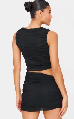 PrettyLittleThing Mesh Ruched Trim Detail Crop Top Black