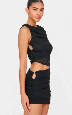 PrettyLittleThing Mesh Ruched Trim Detail Crop Top Black