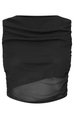 PrettyLittleThing Mesh Ruched Trim Detail Crop Top Black