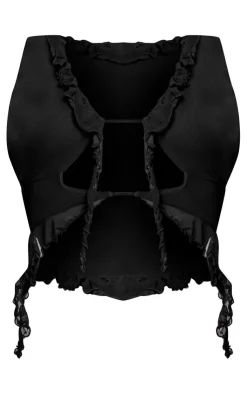 Sale PrettyLittleThing Mesh Ruffle Front Cut Out Crop Top Black