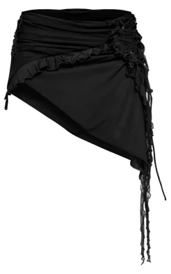 Online PrettyLittleThing Mesh Ruffle Lace Up Asymmetric Mini Skirt Black