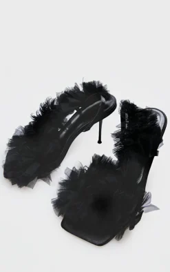 PrettyLittleThing High Heels*Mesh Square Toe Ruffle Asymmetric Sling Back Heeled Sandals
