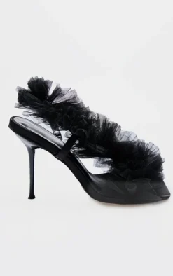 PrettyLittleThing High Heels*Mesh Square Toe Ruffle Asymmetric Sling Back Heeled Sandals
