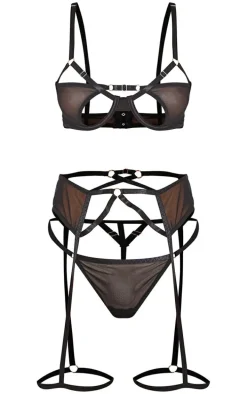 Black Mesh Strapping Detail 3 Piece Lingerie Set
