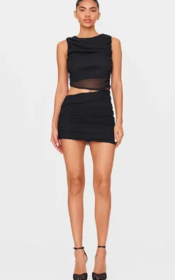 Online PrettyLittleThing Mesh Trim Detail Ruched Skirt Black