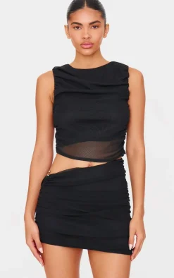 Online PrettyLittleThing Mesh Trim Detail Ruched Skirt Black