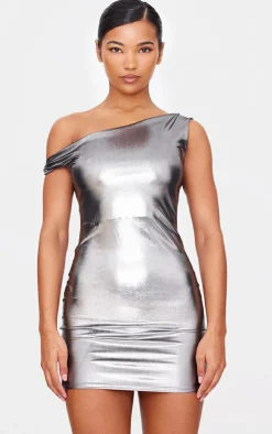 Metallic Asymmetric One Shoulder Mini Dress-PrettyLittleThing New