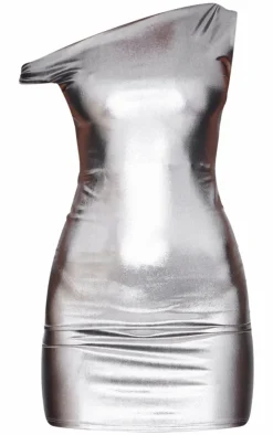 Metallic Asymmetric One Shoulder Mini Dress-PrettyLittleThing New