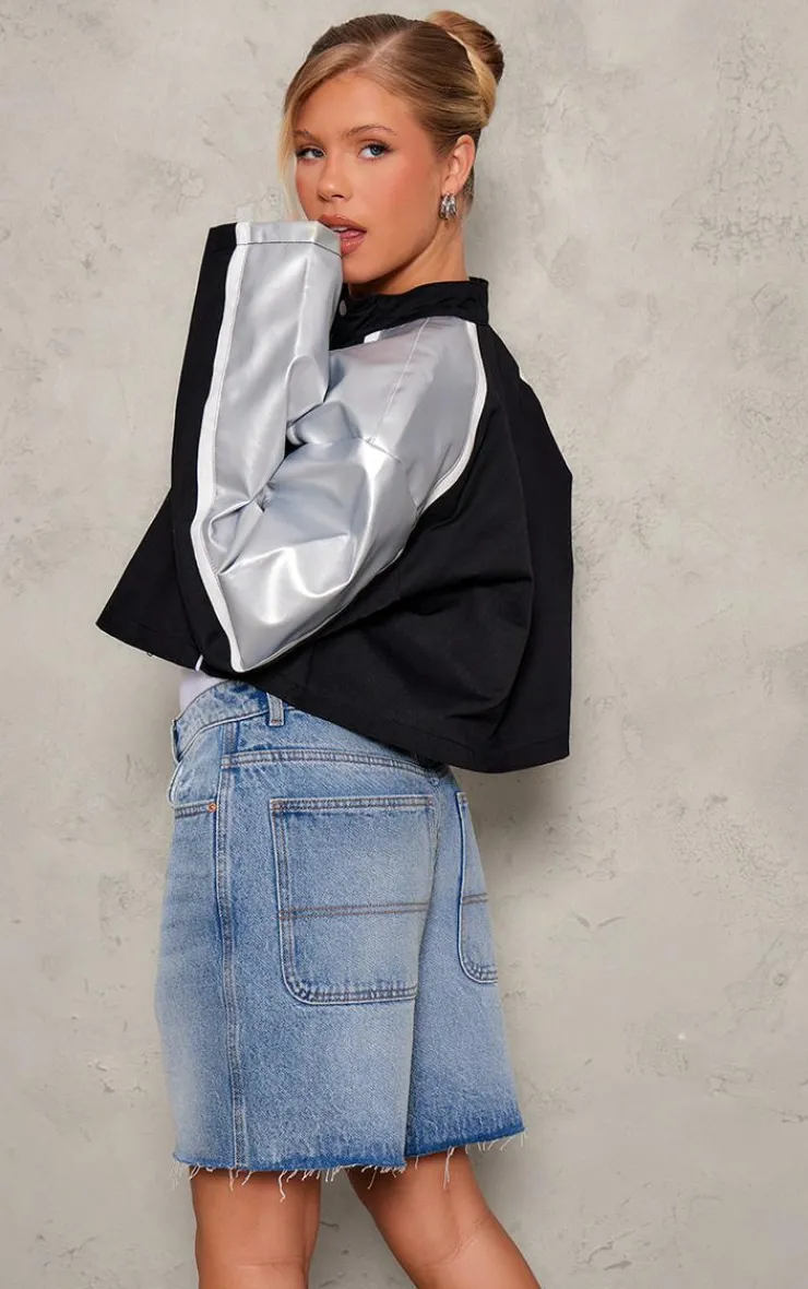 PrettyLittleThing Faux Leather Jackets*Metallic Faux Leather Contrast Sleeve Racer Jacket